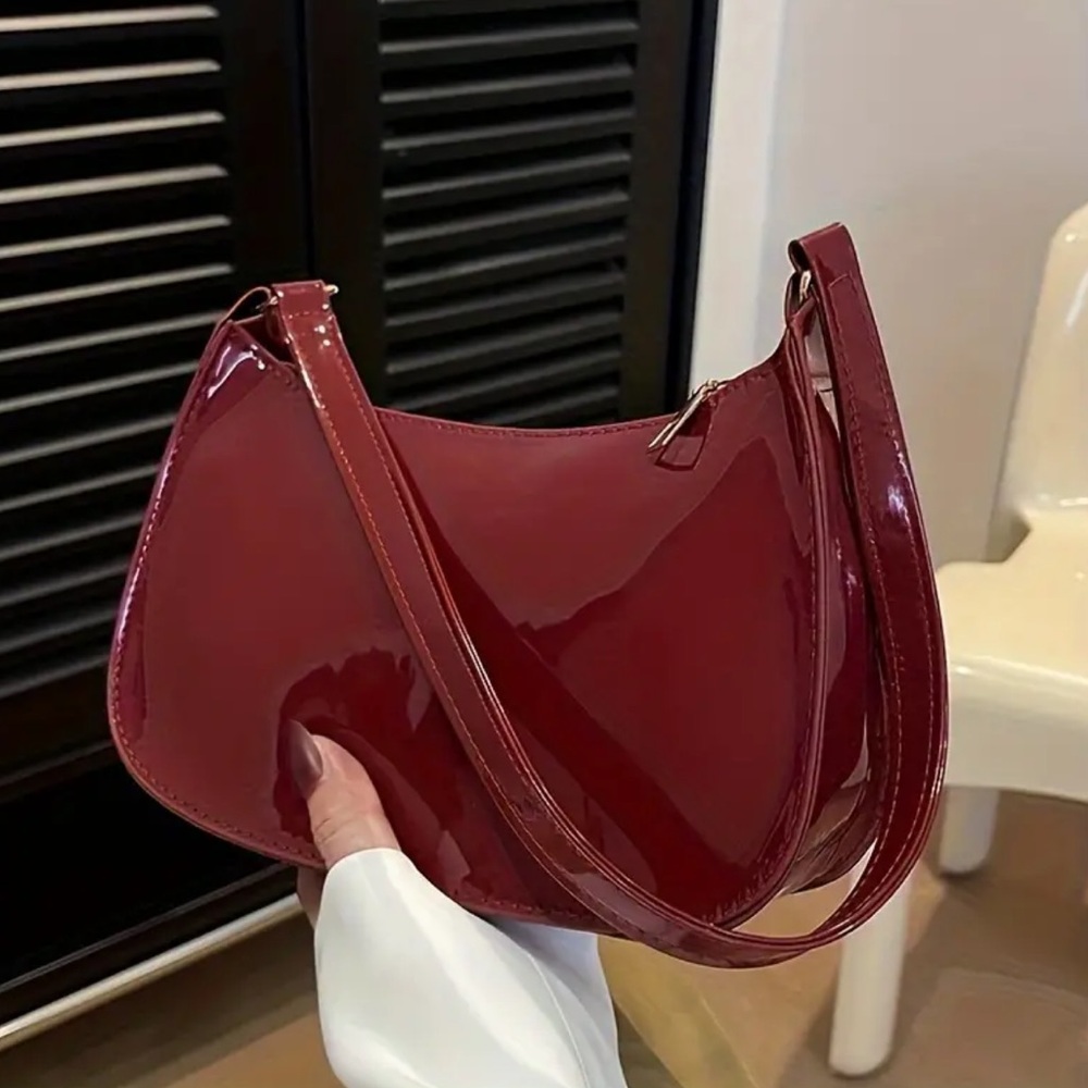 Red Vegan Patent Leather Shoulder Bag Maroon Wine Small Purse